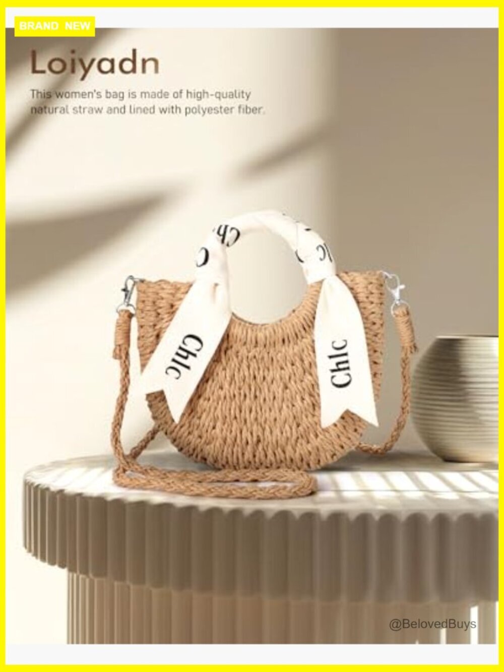 Woven Straw Crossbody Bag - Beach Purse with Ribbon & Drawstring - Picture 4 of 7